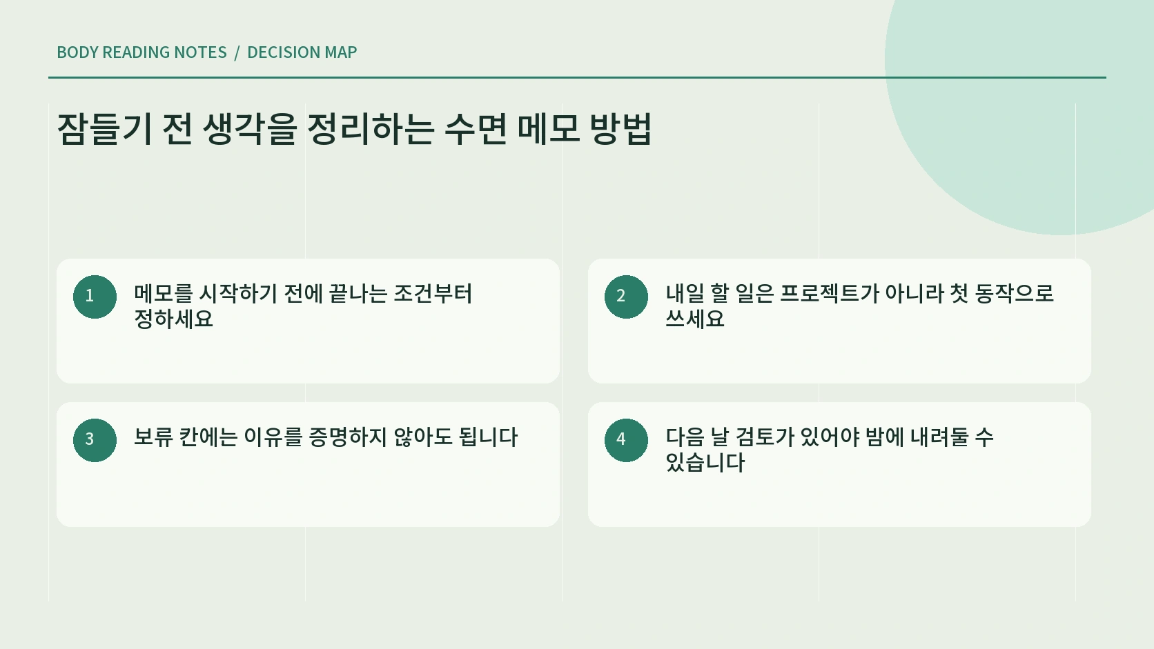 내일 할 일과 내려둘 일을 나누는 세 칸 수면 메모