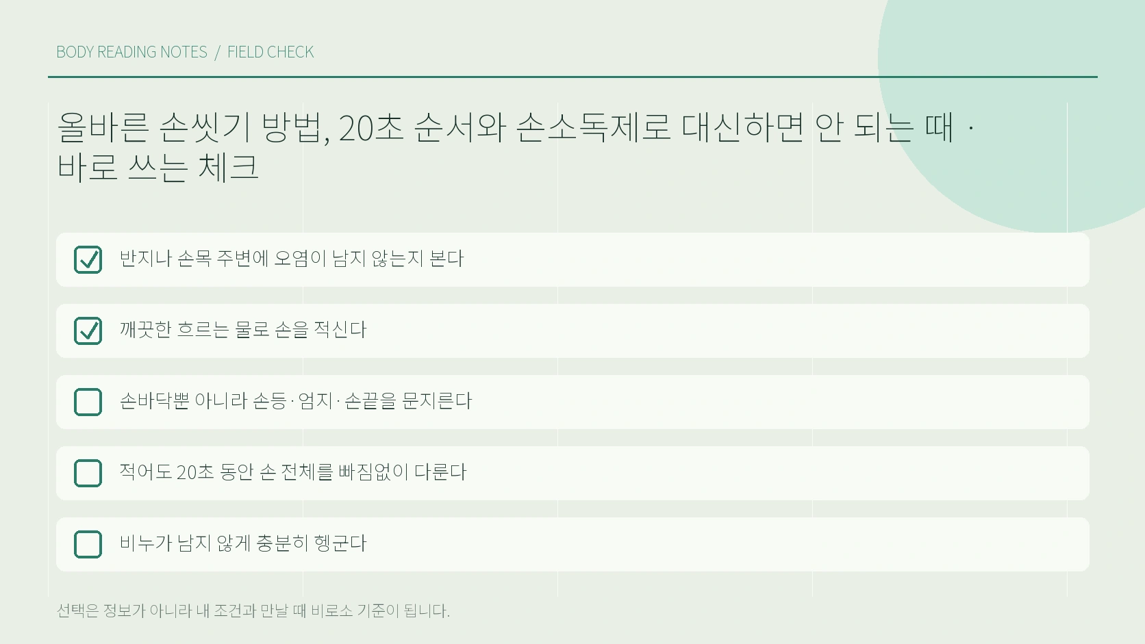 비누와 물 또는 손소독제를 고르는 상황 비교