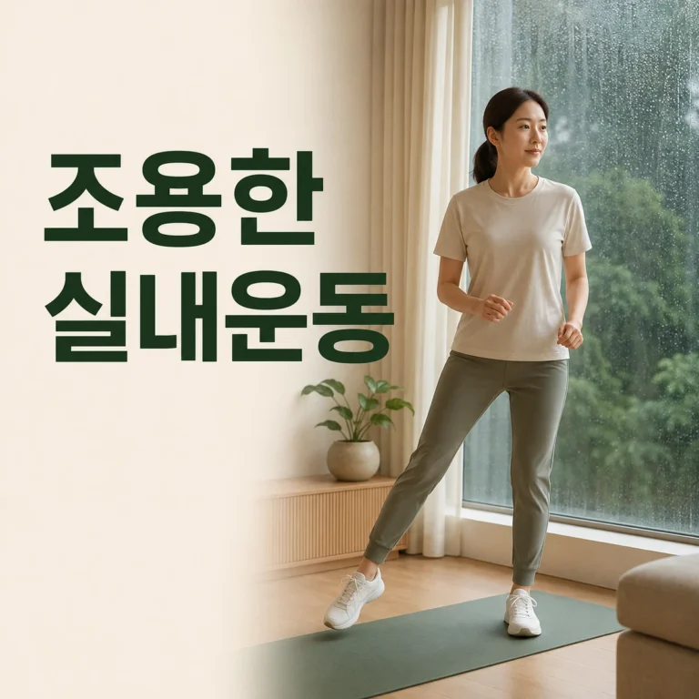 비 오는 창가 옆 매트에서 점프 없이 조용한 움직임을 하는 사람