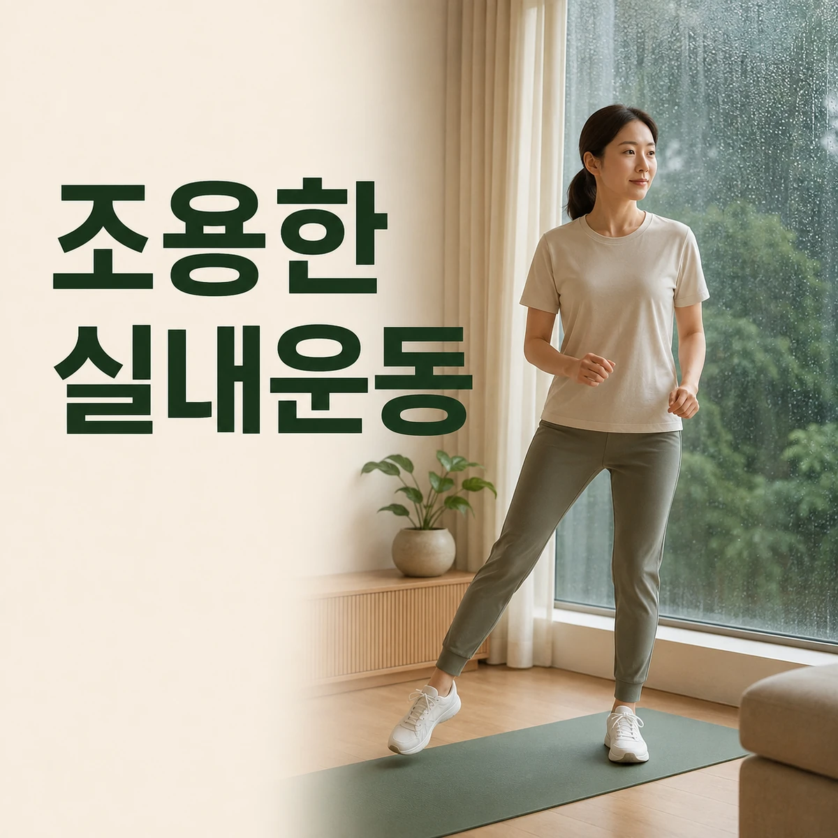 비 오는 창가 옆 매트에서 점프 없이 조용한 움직임을 하는 사람