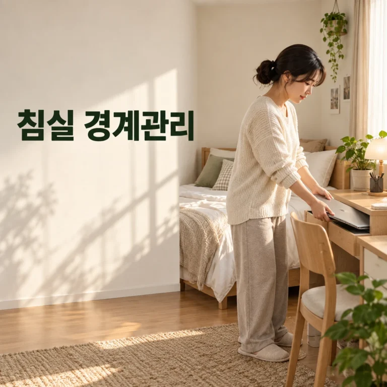 원룸에서 노트북을 닫고 침대와 업무 공간을 정리하는 한국인