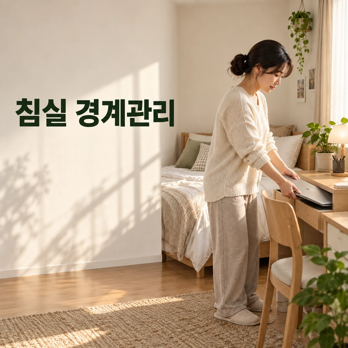 원룸에서 노트북을 닫고 침대와 업무 공간을 정리하는 한국인