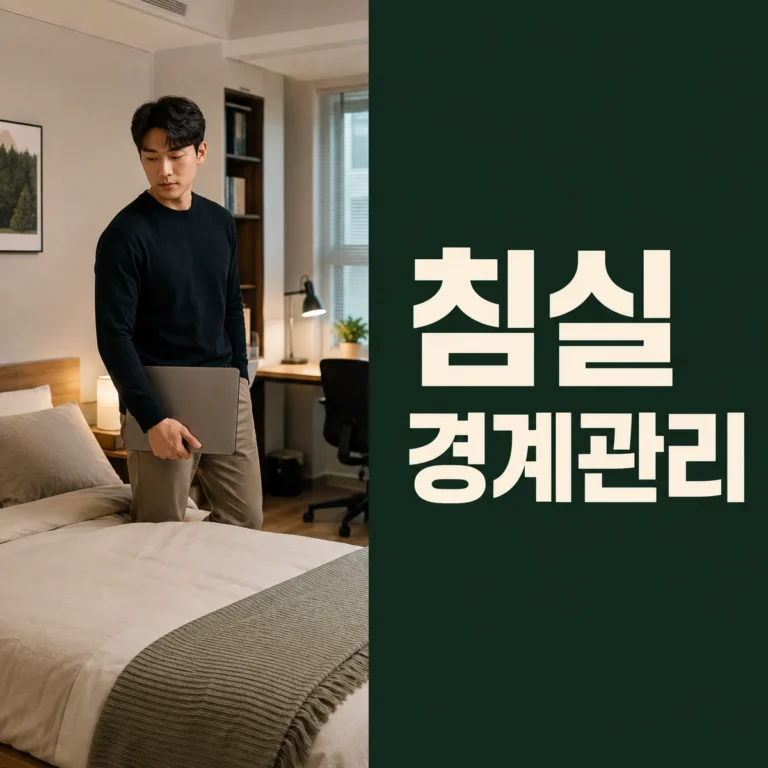 작은 원룸에서 노트북을 닫고 침대 주변을 정돈하는 장면