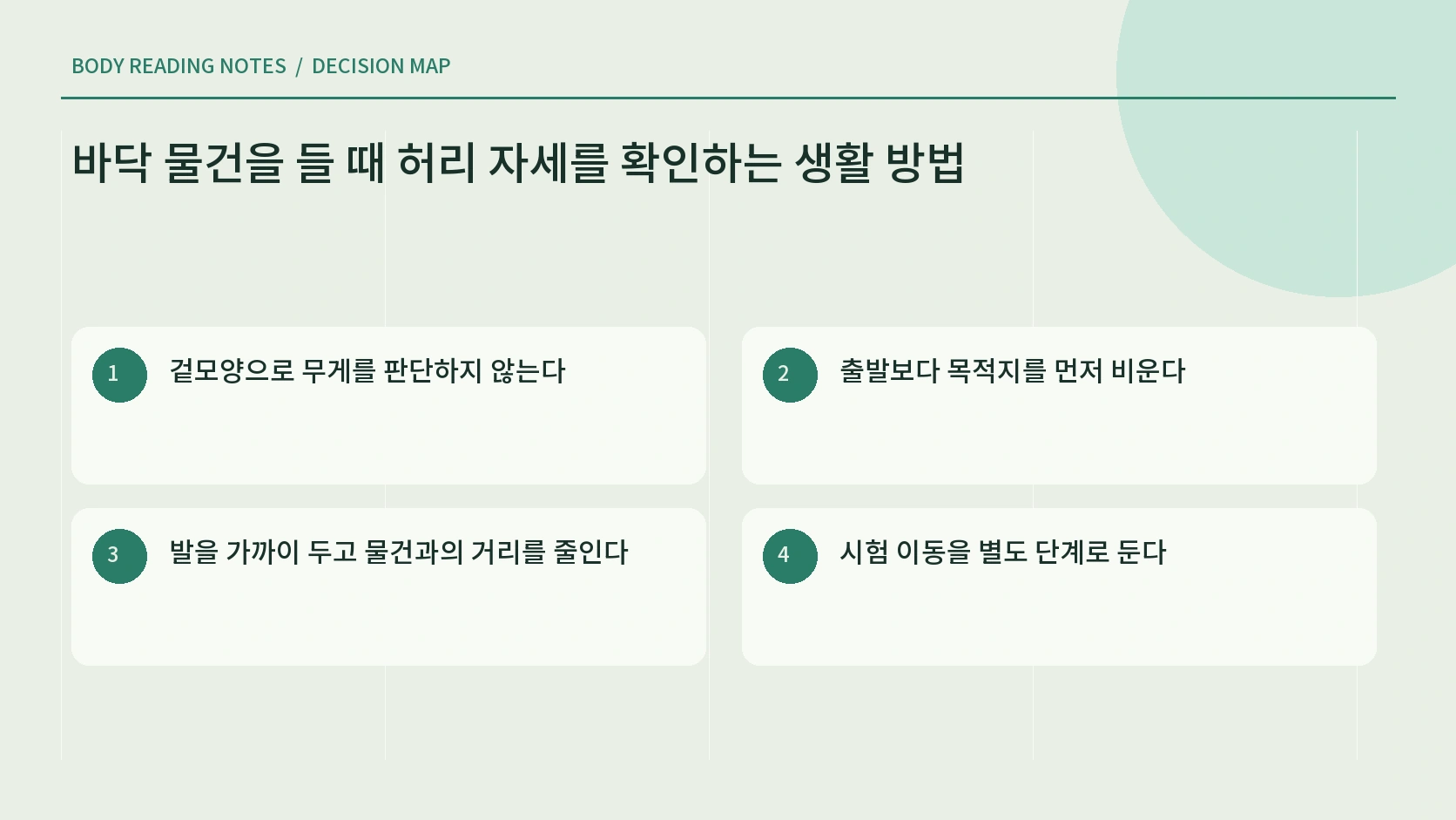 바닥 물건을 들기 전 내용물과 손잡이 경로를 점검하는 안내