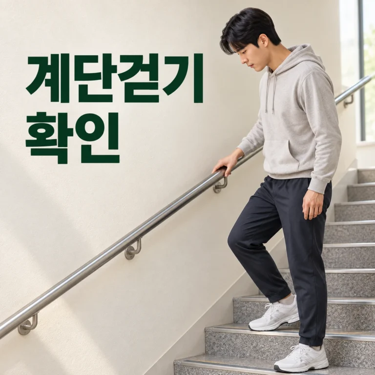 아파트 계단에서 발 디딤과 난간을 확인하는 한국인