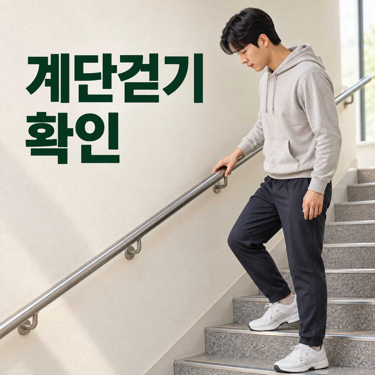 아파트 계단에서 발 디딤과 난간을 확인하는 한국인
