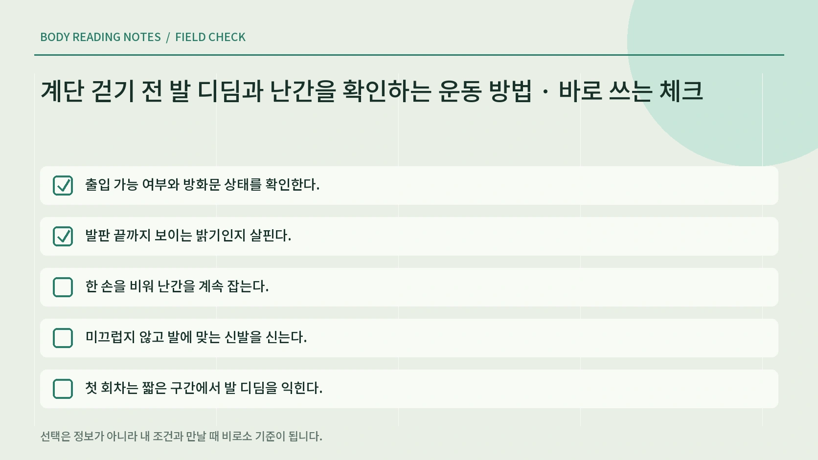 계단 걷기 중 호흡과 다리 상태에 따른 중단 체크리스트