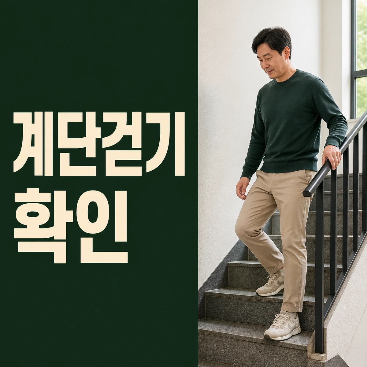 아파트 계단에서 난간을 잡고 발 디딜 곳을 확인하는 사람