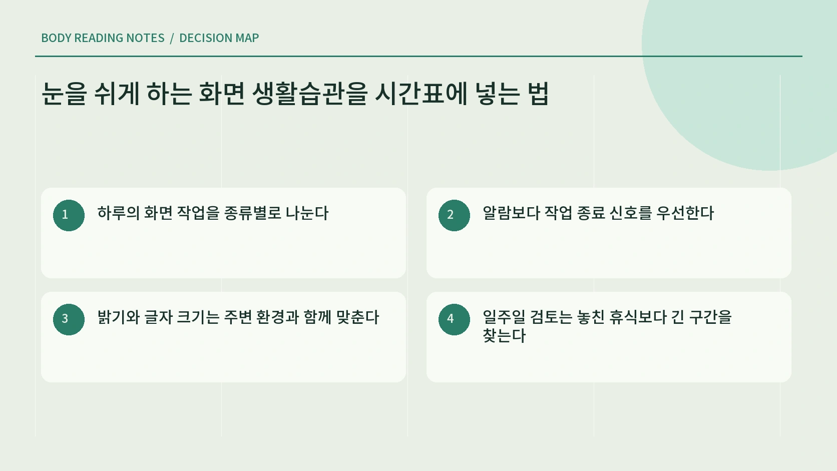 눈을 쉬게 하는 화면 생활습관을 시간표에 넣는 법의 실행 순서 안내