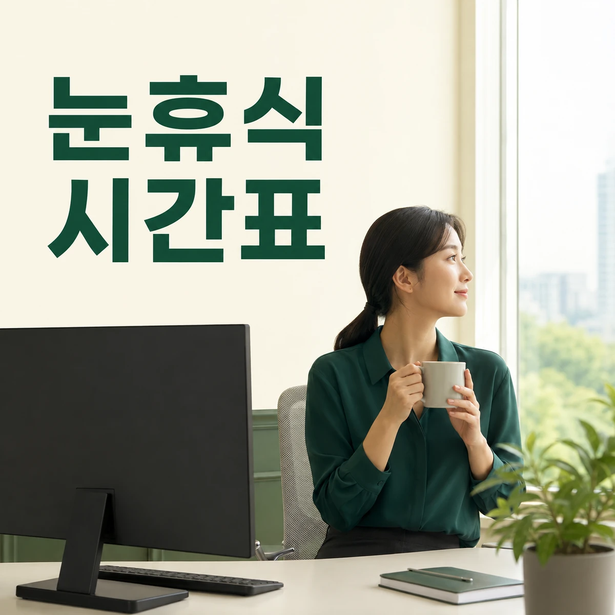 모니터에서 시선을 떼고 창밖을 보는 업무 공간