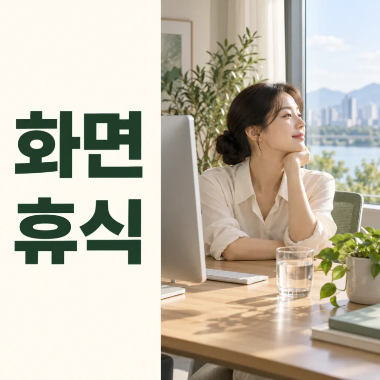 화면에서 시선을 돌려 창밖을 보는 장면 옆에 화면 휴식 문구가 있는 정사각형 대표 이미지