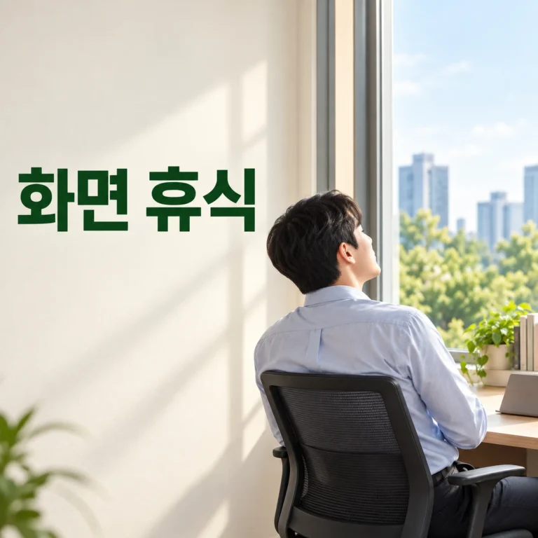 모니터에서 시선을 떼고 창밖 먼 곳을 보는 한국인 사무직 성인