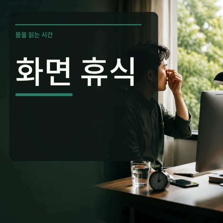 화면에서 눈을 떼고 창밖을 보는 직장인 장면에 화면 휴식 문구를 넣은 정사각형 대표 이미지