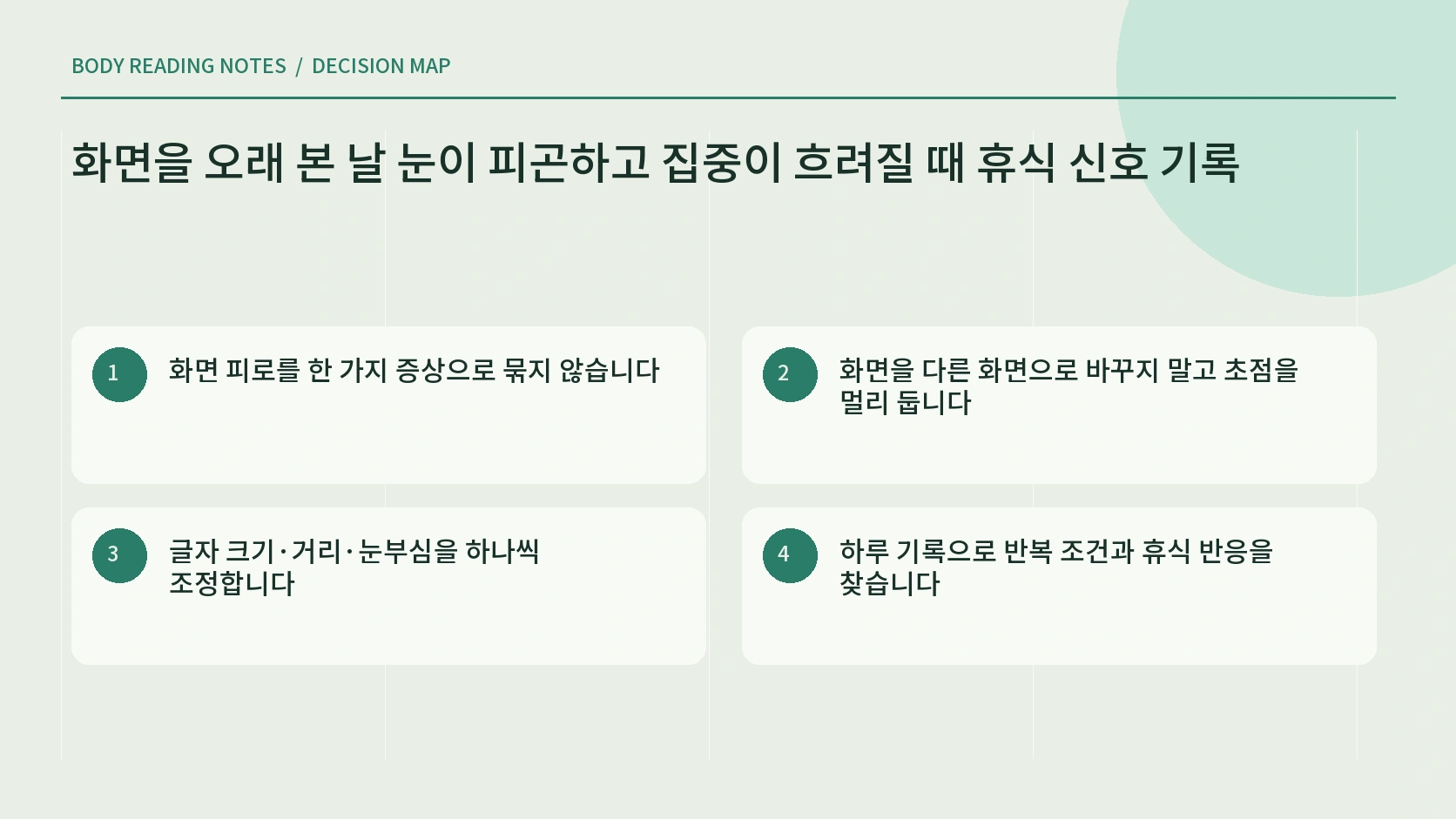눈 피로 집중 저하 목 어깨 불편을 화면 시간과 작업환경으로 나눈 한글 인포그래픽