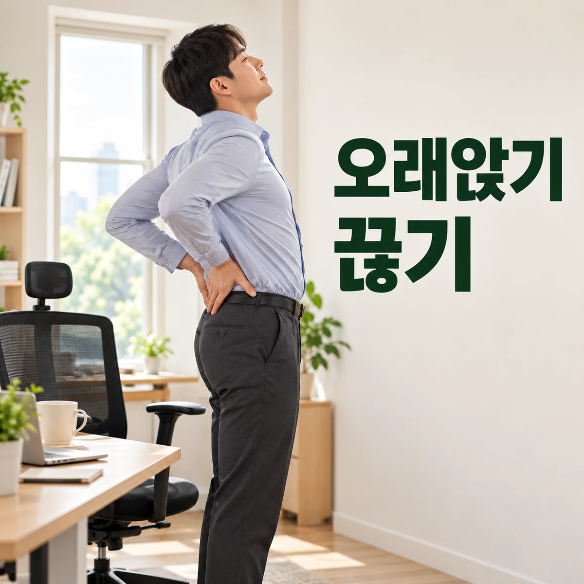 업무 중 한국인 성인이 의자에서 일어나 가볍게 몸을 편다
