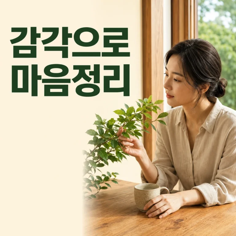 산만한 생각에서 벗어나 책상 위 색과 창밖 소리를 확인하는 사람