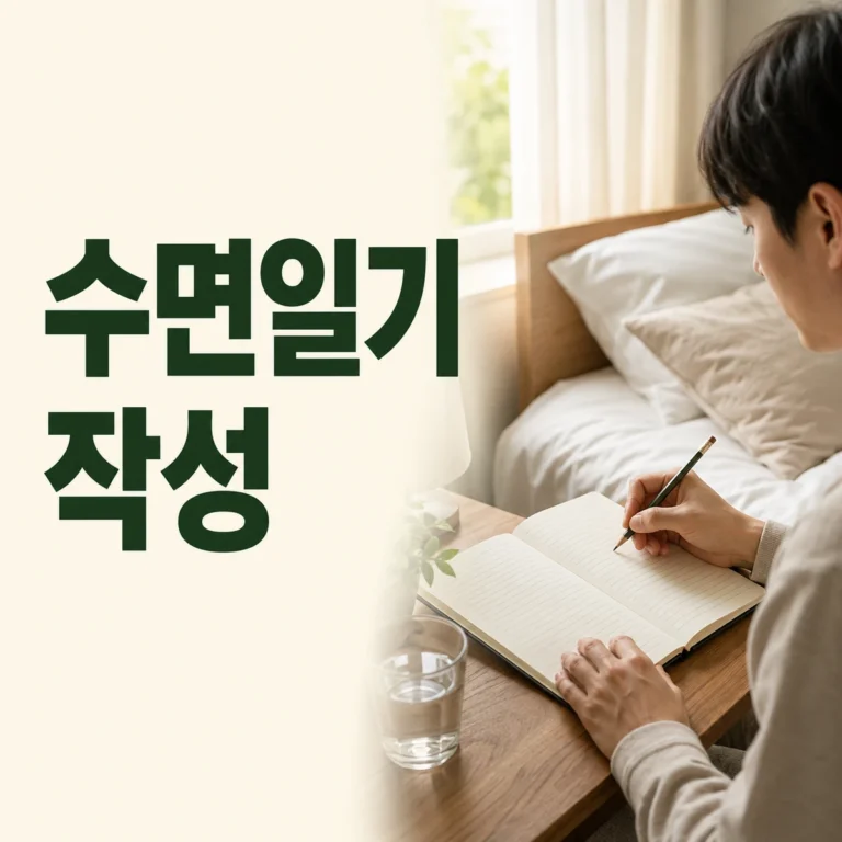 취침 기상과 낮 상태 칸이 있는 수면 일기를 작성하는 손