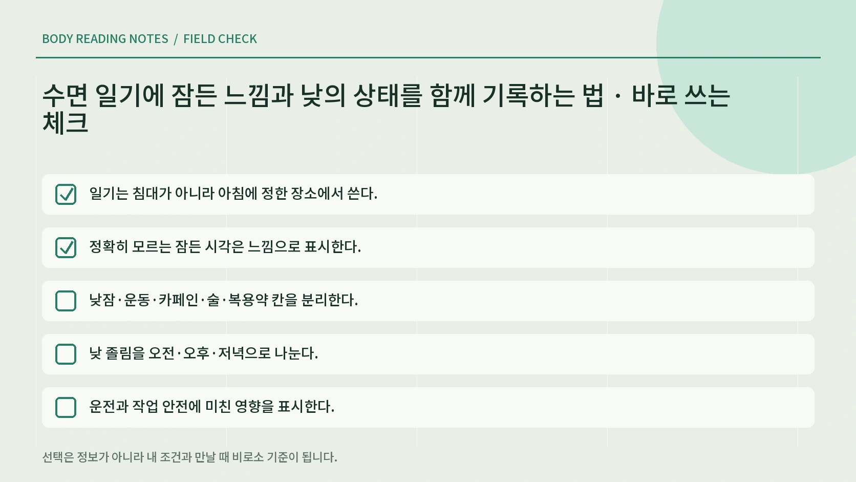 일주일 수면 일기 검토와 의료 상담 기준 체크리스트
