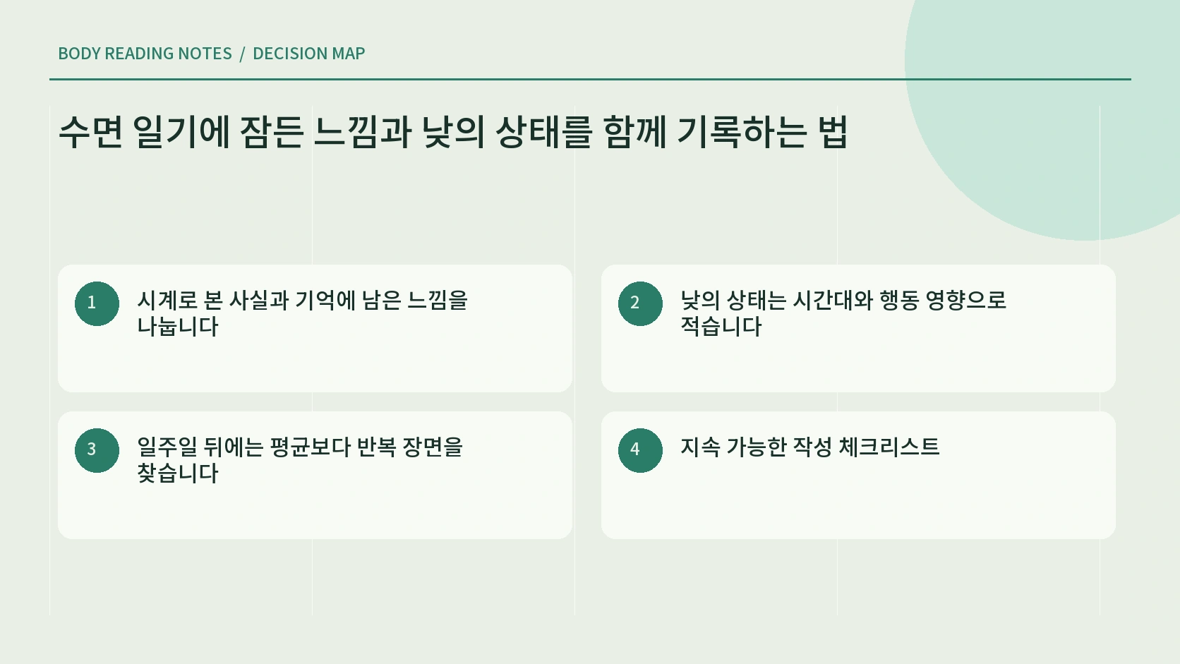 밤의 수면과 낮의 기능을 연결하는 수면 일기 작성 안내