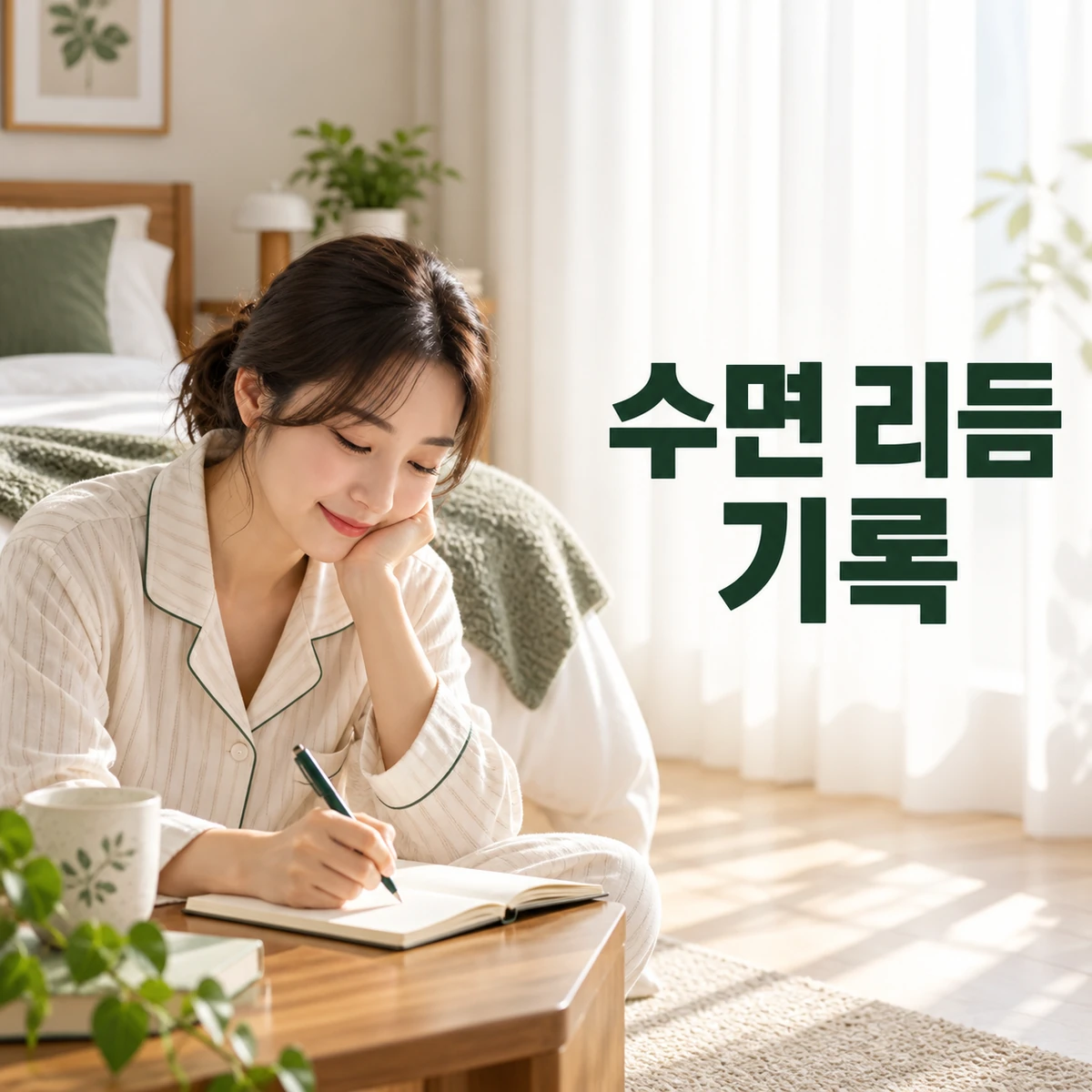 아침 침실에서 한국인 성인이 기상 뒤 수면 노트를 적는다