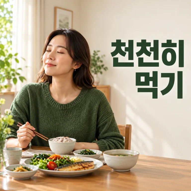 식탁에서 한국인 성인이 천천히 먹으며 젓가락을 내려놓는다