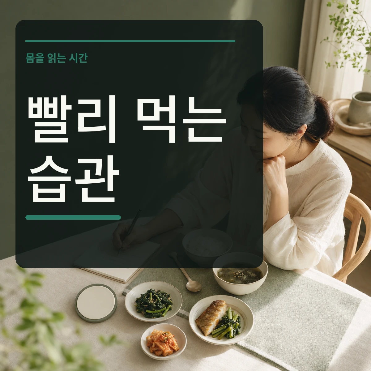 차분한 식탁에서 수저를 내려놓고 식사 기록을 쓰는 장면 위에 빨리 먹는 습관 문구를 넣은 대표 이미지