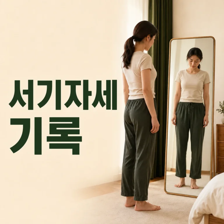 전신 거울 앞에서 발 간격과 좌우 체중 느낌을 확인하는 사람