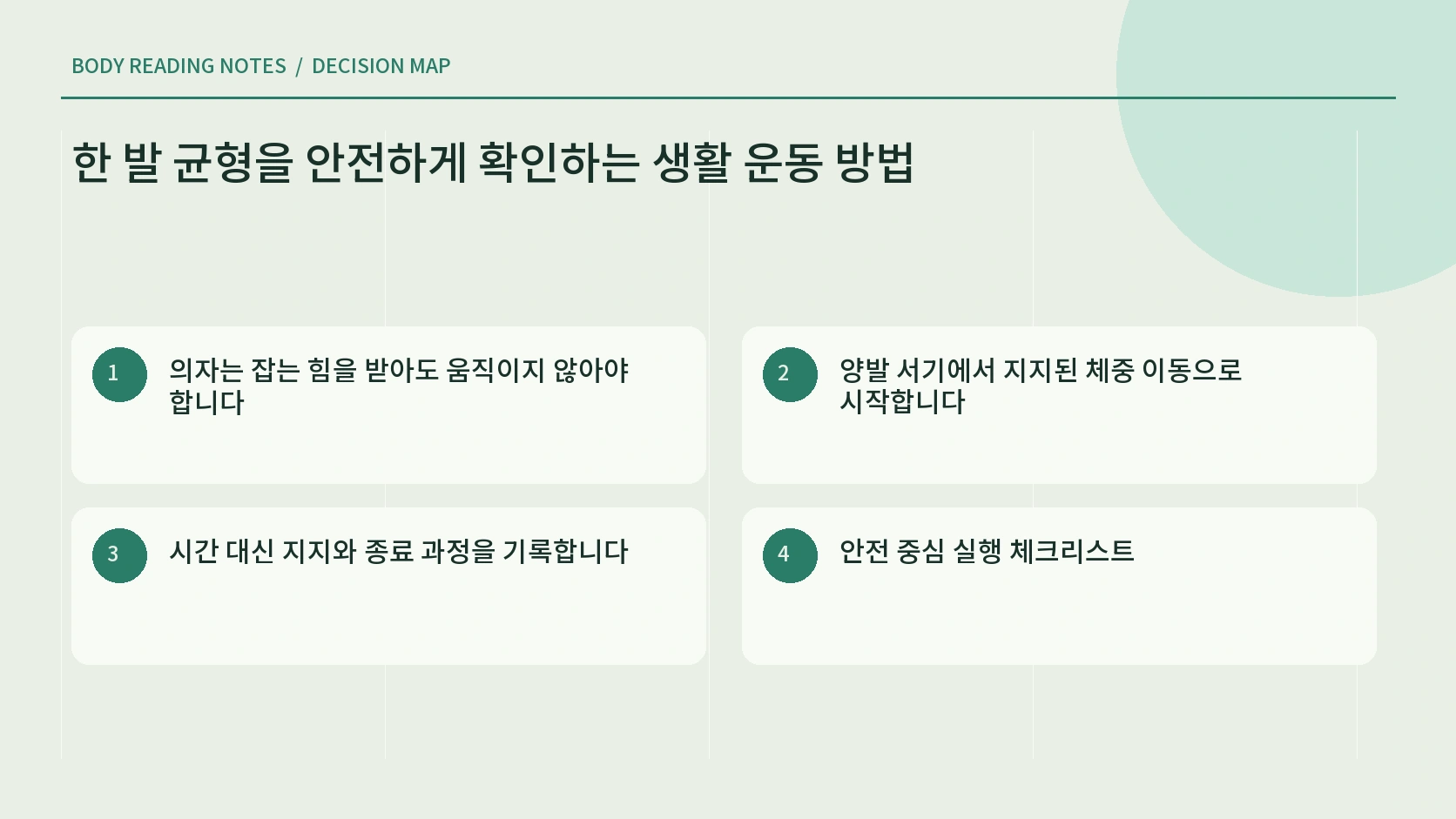 벽과 의자 사이에서 양발부터 한 발 가볍게 들기까지의 균형 안내