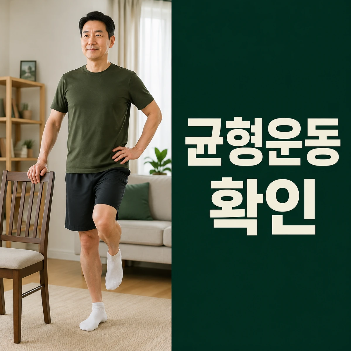 정리된 거실에서 튼튼한 의자 옆에 서서 균형을 확인하는 사람
