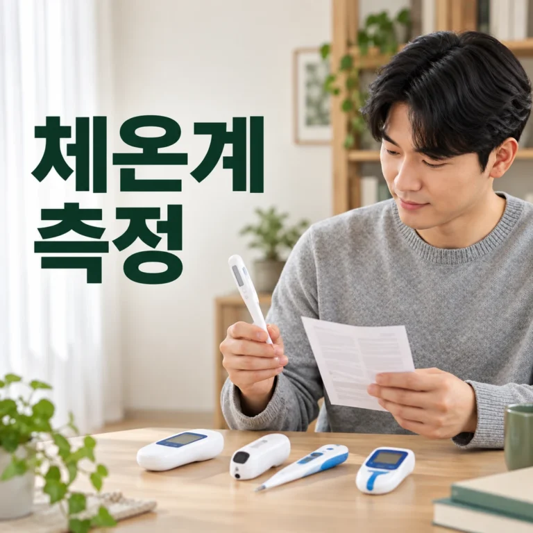 집 책상에서 한국인 성인이 체온계 종류와 설명서를 확인한다