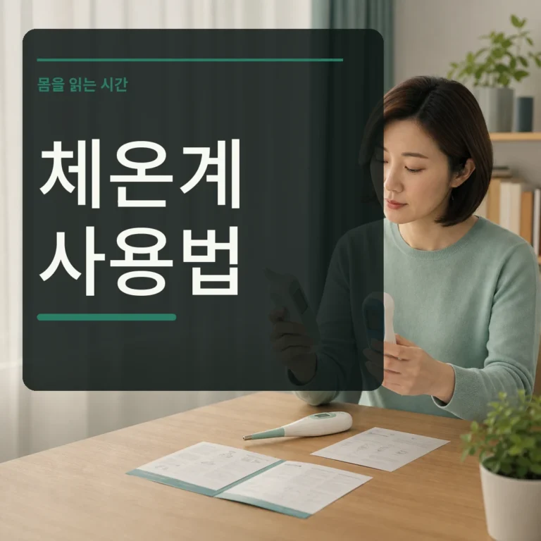 집에서 세 종류의 체온계와 설명서를 비교하는 장면 위에 체온계 사용법 문구를 넣은 대표 이미지