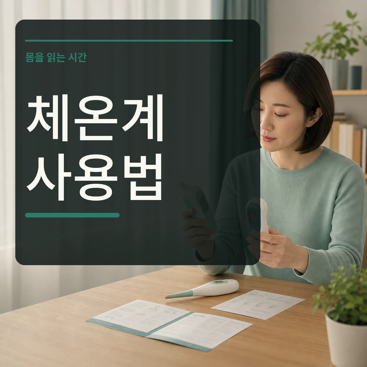 집에서 세 종류의 체온계와 설명서를 비교하는 장면 위에 체온계 사용법 문구를 넣은 대표 이미지