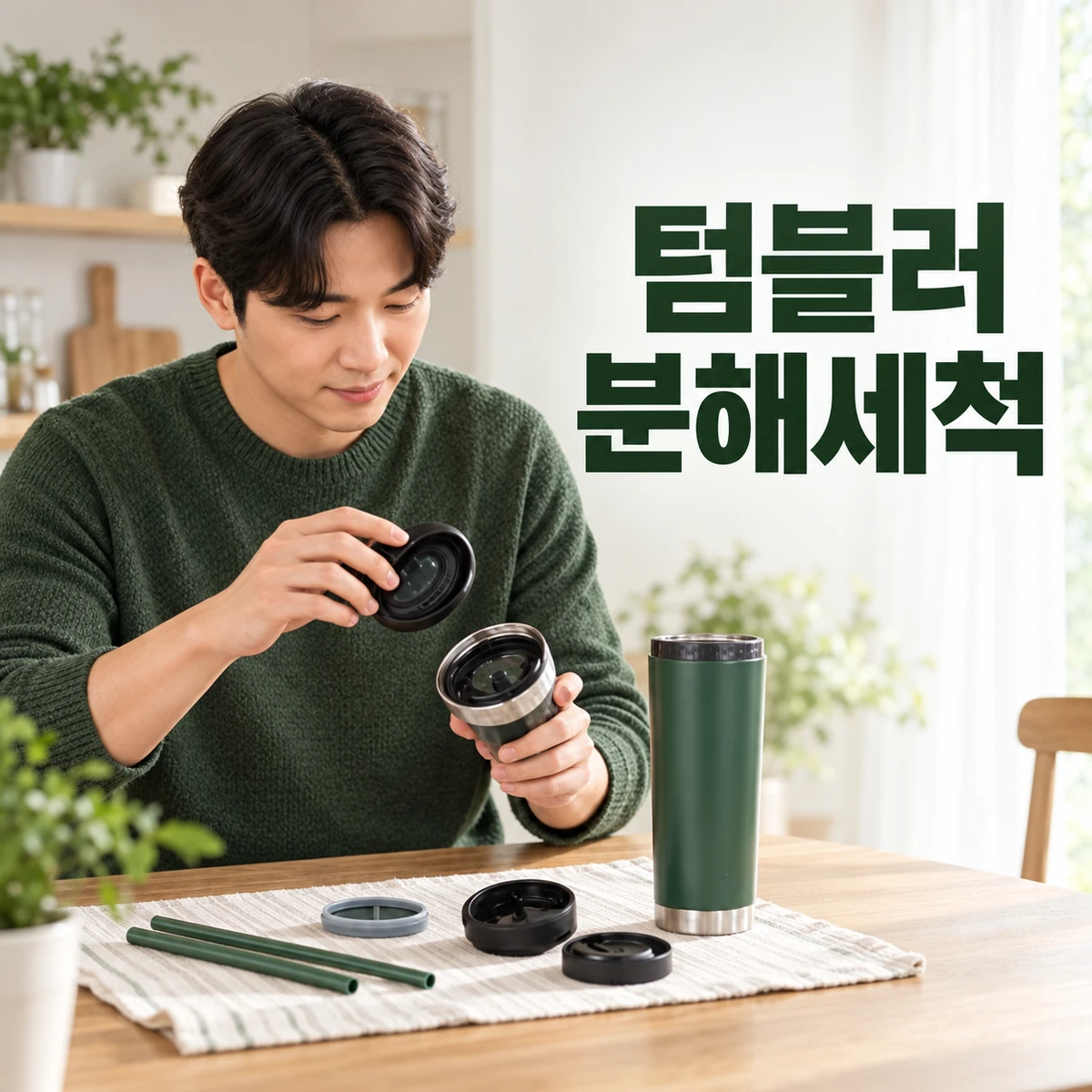 밝은 주방에서 한국인 성인이 텀블러 뚜껑·패킹·빨대를 분해한다