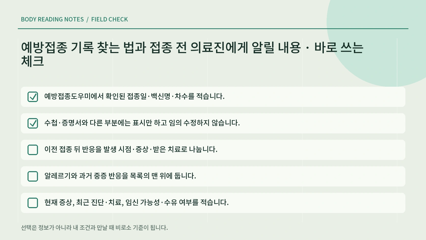 접종 전 이전 반응 알레르기 현재 증상 복용약 임신 가능성을 의료진에게 전달하는 한글 체크 인포그래픽