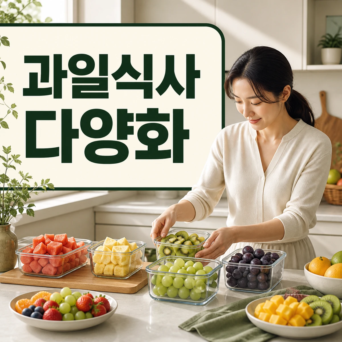 서로 다른 색 과일을 소량씩 나눠 보관하는 식탁