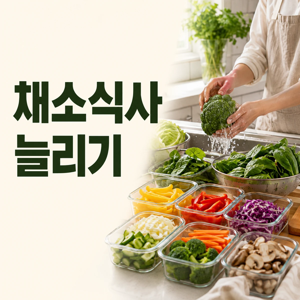 채소를 먼저 쓸 순서에 따라 손질하고 용기에 나누어 담는 사람