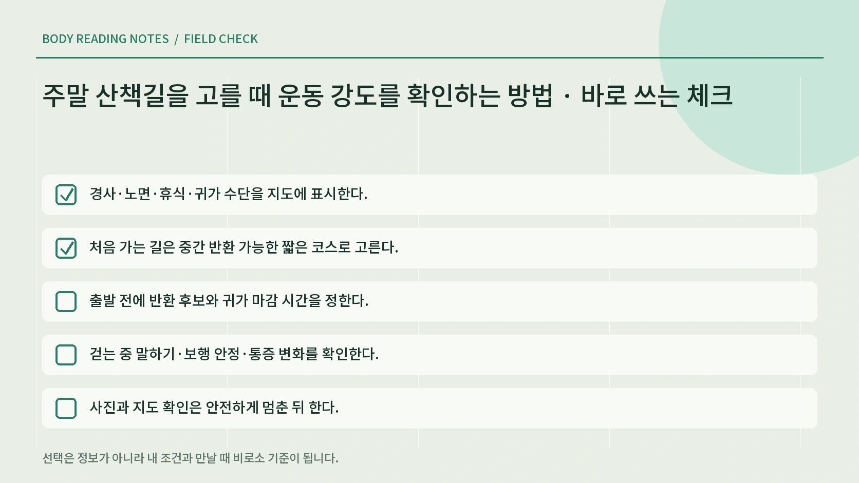 산책 중 체감 강도와 반환 시점을 확인하는 체크리스트
