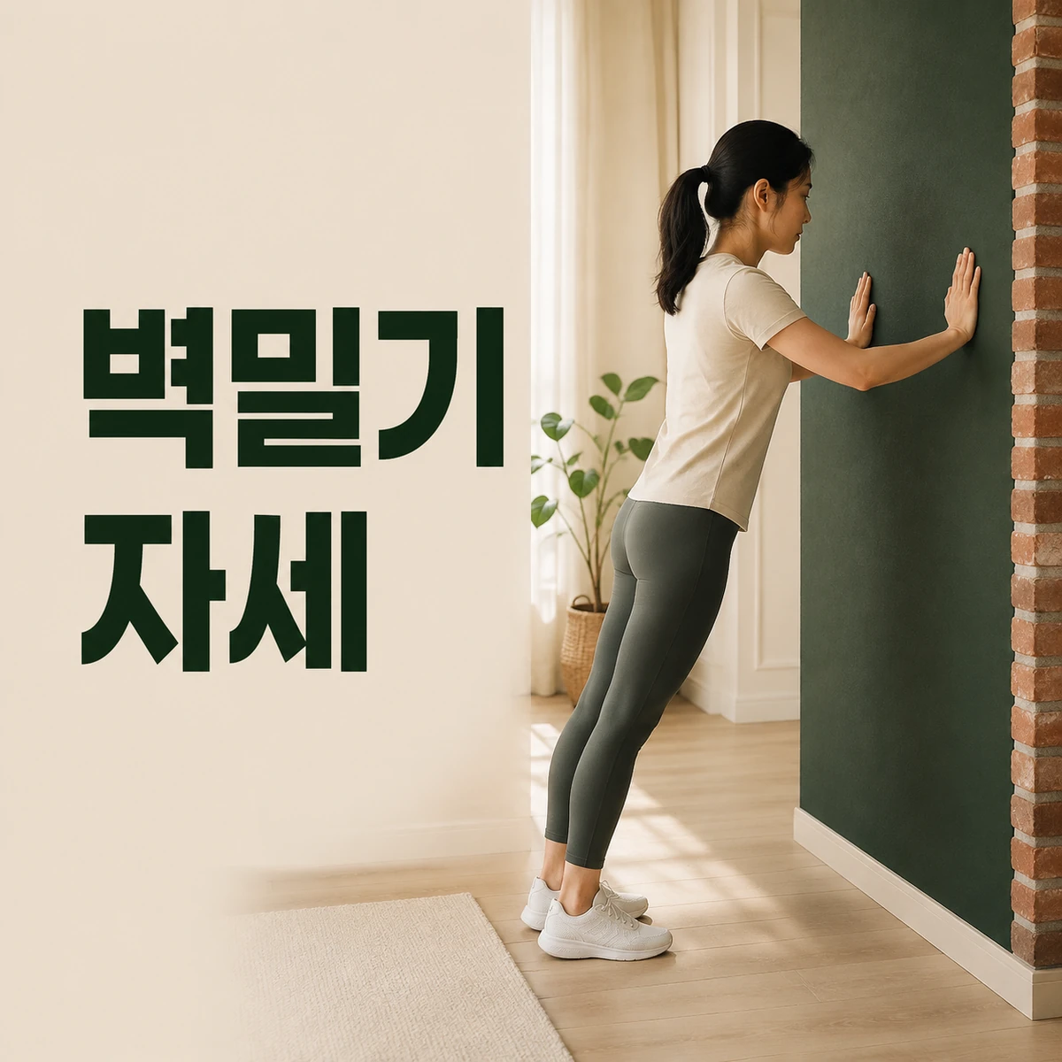 거실 벽 앞에서 손 위치와 몸통 정렬을 확인하며 벽 밀기를 하는 사람