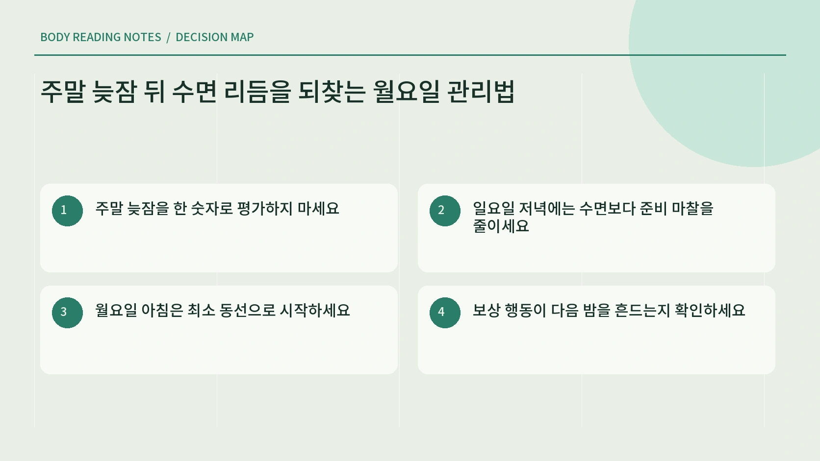금요일부터 월요일까지 수면 흐름을 잇는 안내표