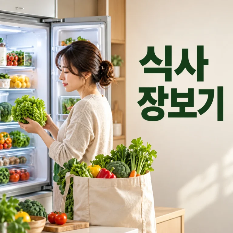 냉장고의 남은 재료를 확인하고 재사용 장바구니를 채우는 한국인