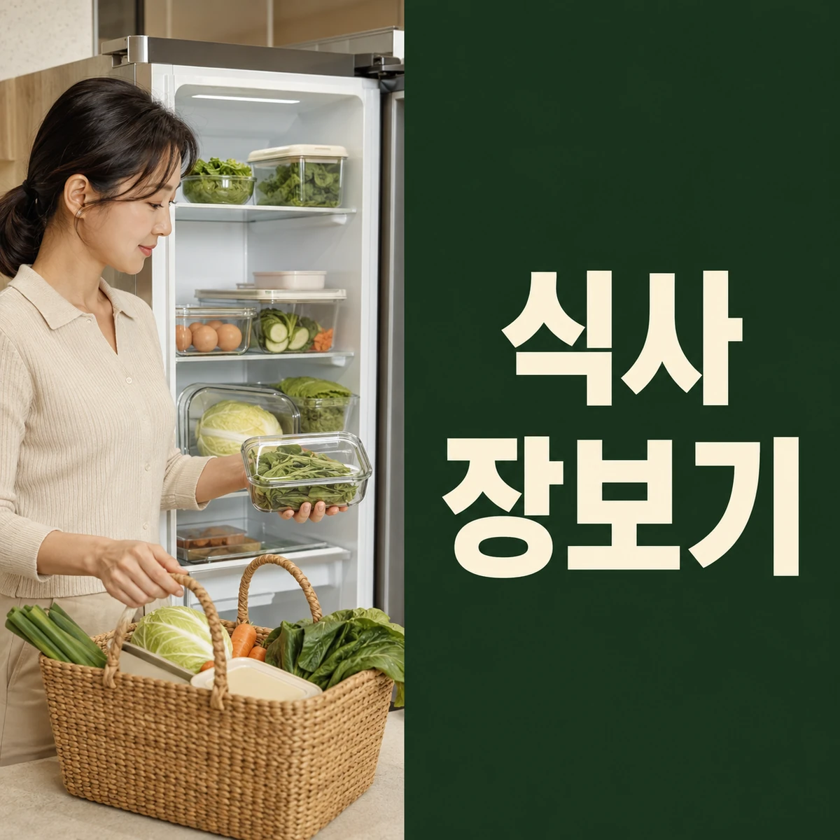 냉장고의 남은 재료를 확인하며 주간 장보기 목록을 적는 사람