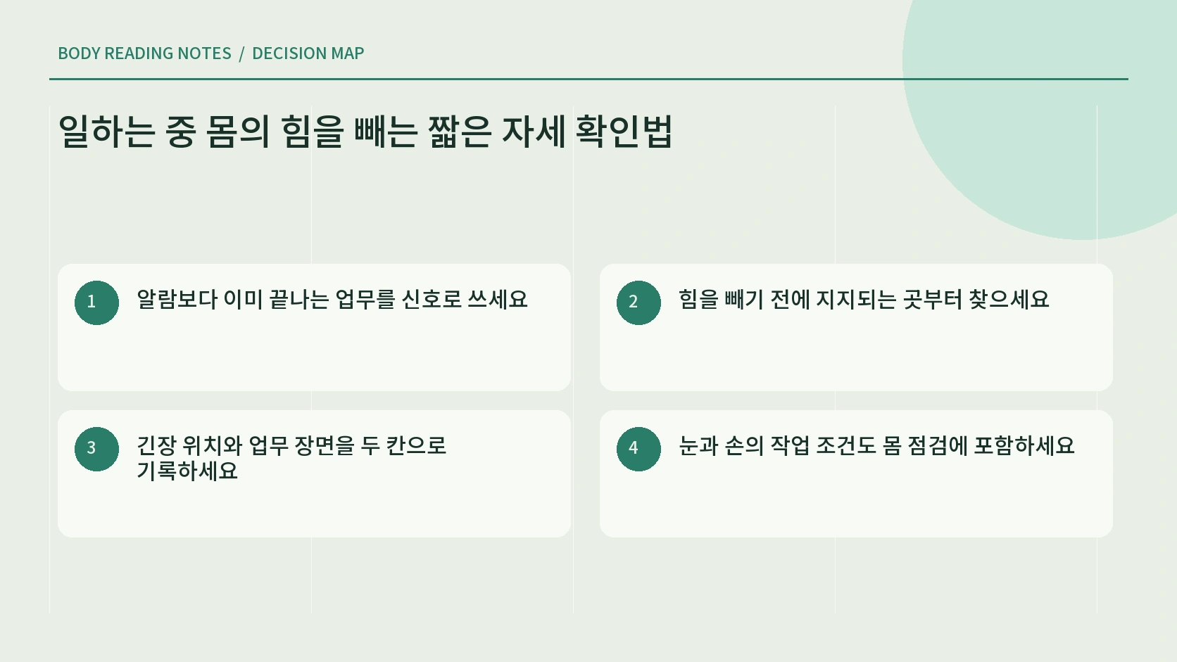업무 동작별 몸의 긴장 위치를 확인하는 안내
